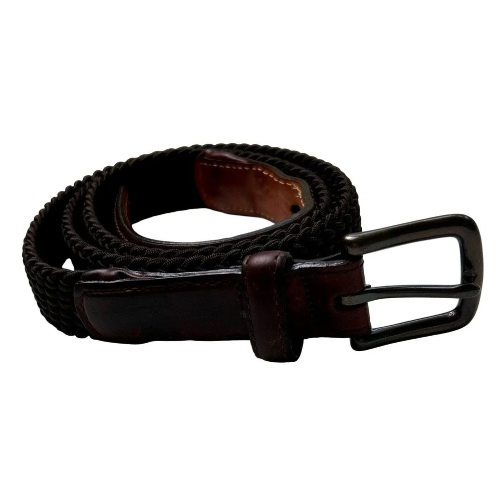 Orvis Mens Braided Belt Brown Size 44 Leather Trim Woven Cord Made in USA